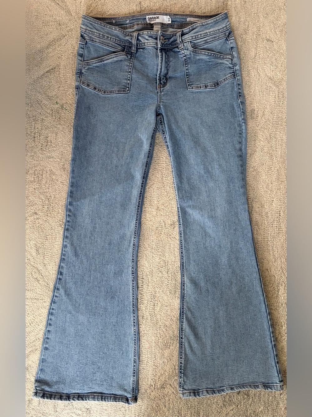 Garage Denim Low Rise Flare Jeans Light Wash Patch Pocket Y2K Size 13/31